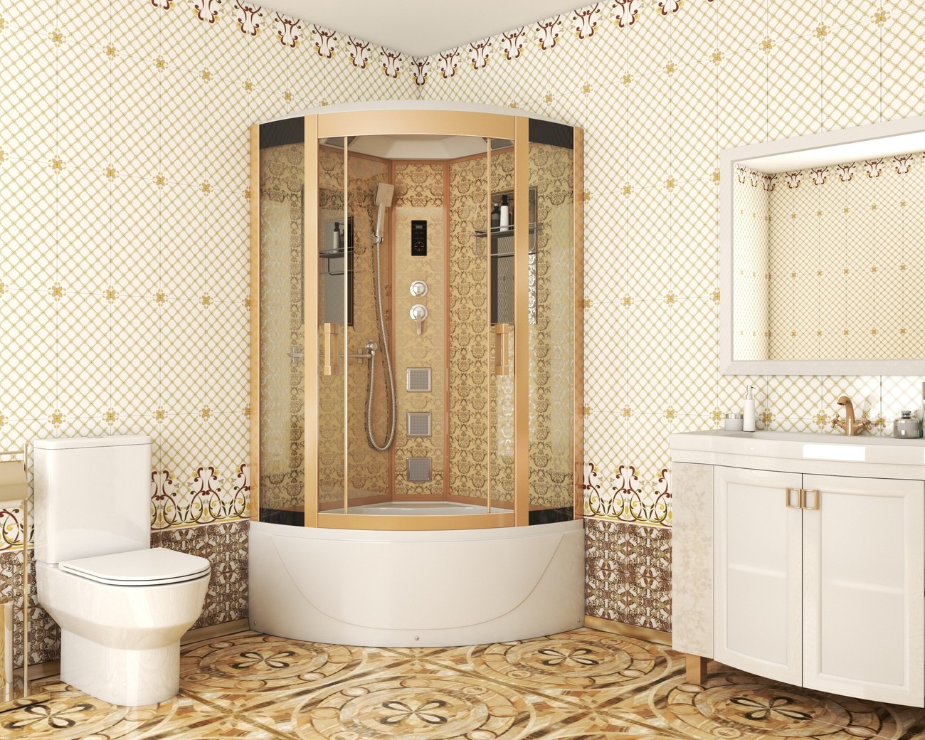 Душевая кабина Niagara Luxe NG-7710G (100x100х215) высокий поддон(45см),дверь раздвижная,стенки золото,4 места 