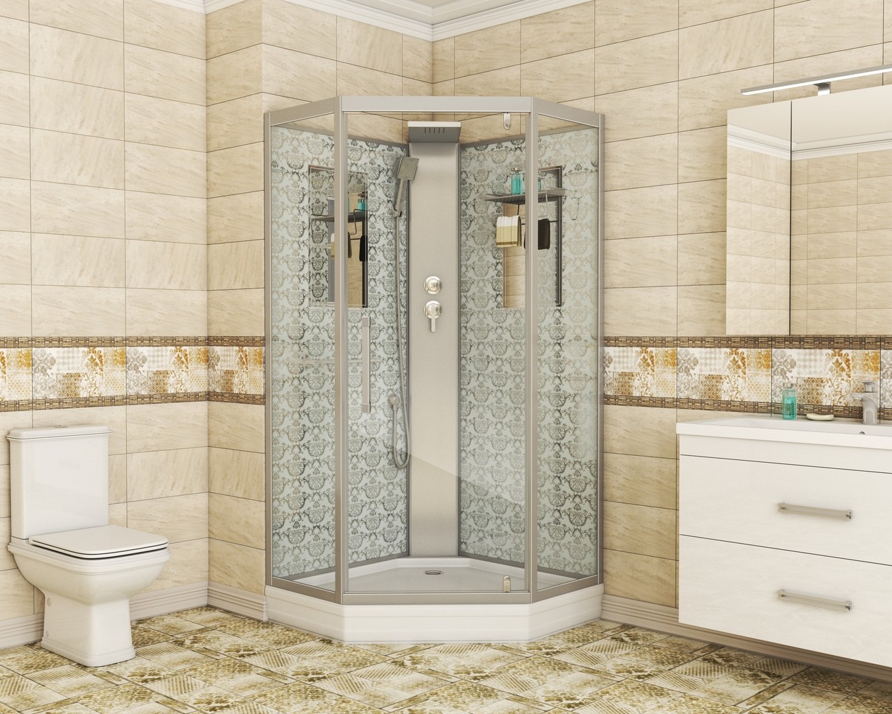 Душевая кабина Niagara Luxe NG-7717WBK (100x100х210) низкий поддон(15см),дверь распашная,стенки серебро,без крыши,4 места 