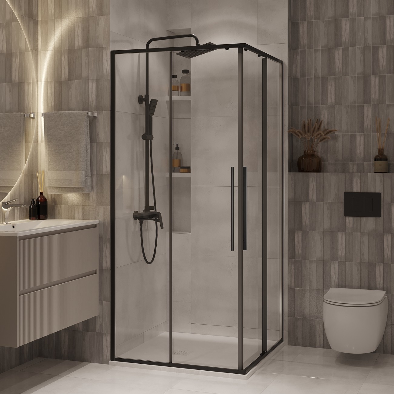 Душевое ограждение Niagara Nova NG-6823-34ВLACK (90х90х195) квадрат,черный матовый,двери раздвижные,стекло прозрачное,1 место 