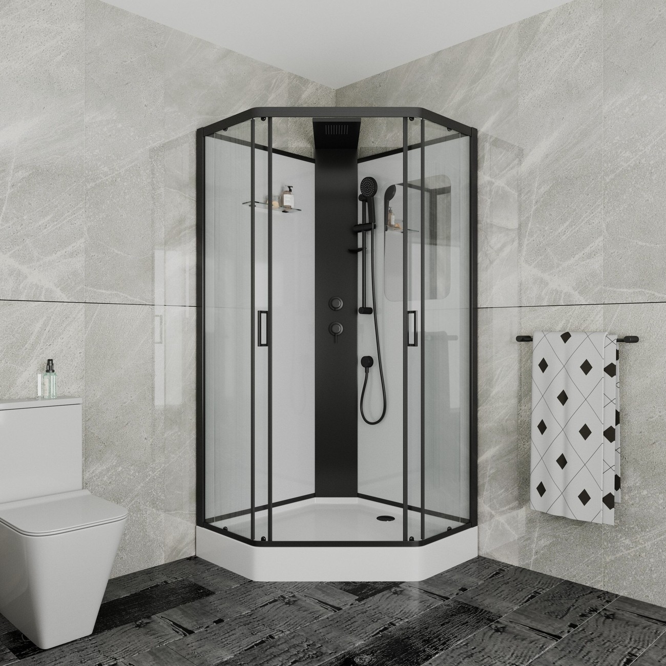 Душевая кабина Grossman Elegans 100 x 100 см, пятиугольная, профиль черный, GR250D 