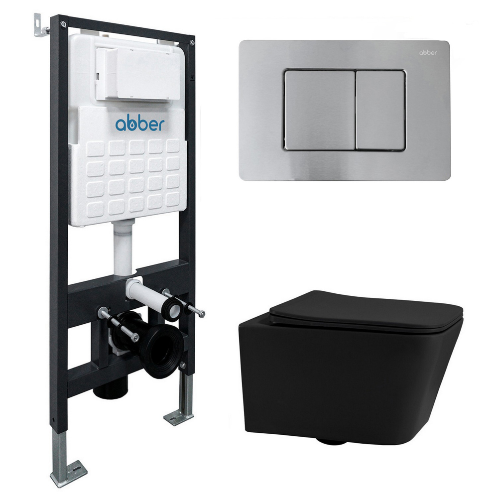 Инсталляция с унитазом Abber Rechteck AC1201MB-AC0105-AC0120MCH, сиденье микролифт, клавиша смыва хром матовый, черный матовый, комплект 
