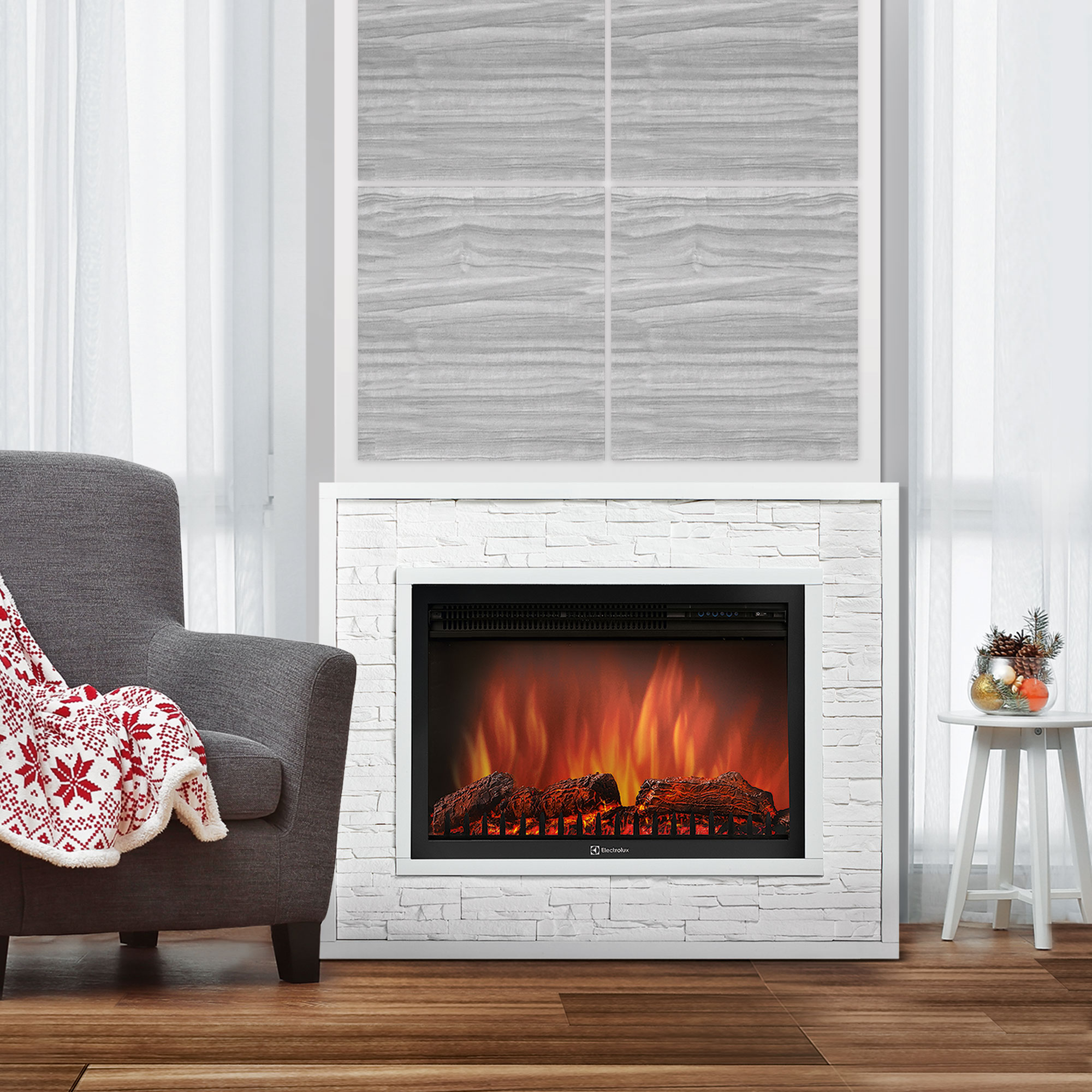 Каминокомплект:Очаг Electrolux EFP/P-3320RLS, портал Loft 30 камень белый, белая эмаль 