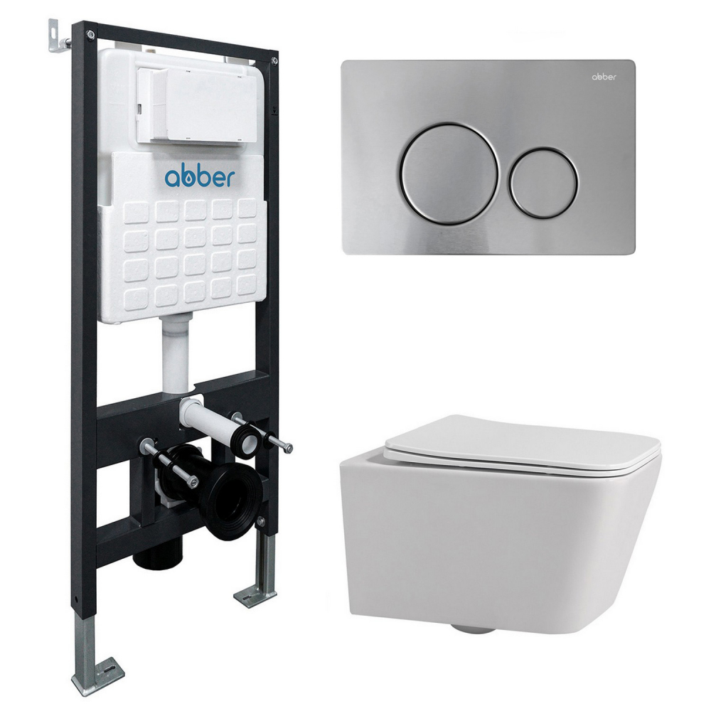 Инсталляция с унитазом Abber Rechteck AC1201-AC0105-AC0121MCH, сиденье микролифт, клавиша смыва хром матовый, белый, комплект 