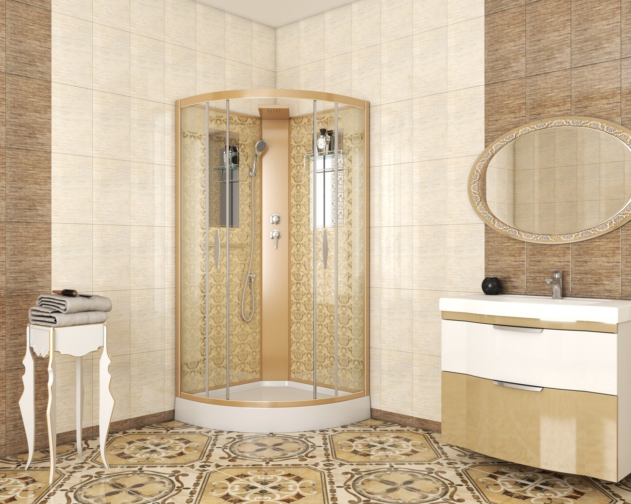 Душевая кабина Niagara Luxe NG-7715GBK (90x90х210) низкий поддон(15см),дверь раздвижная,стенки золото,без крыши,4 места 