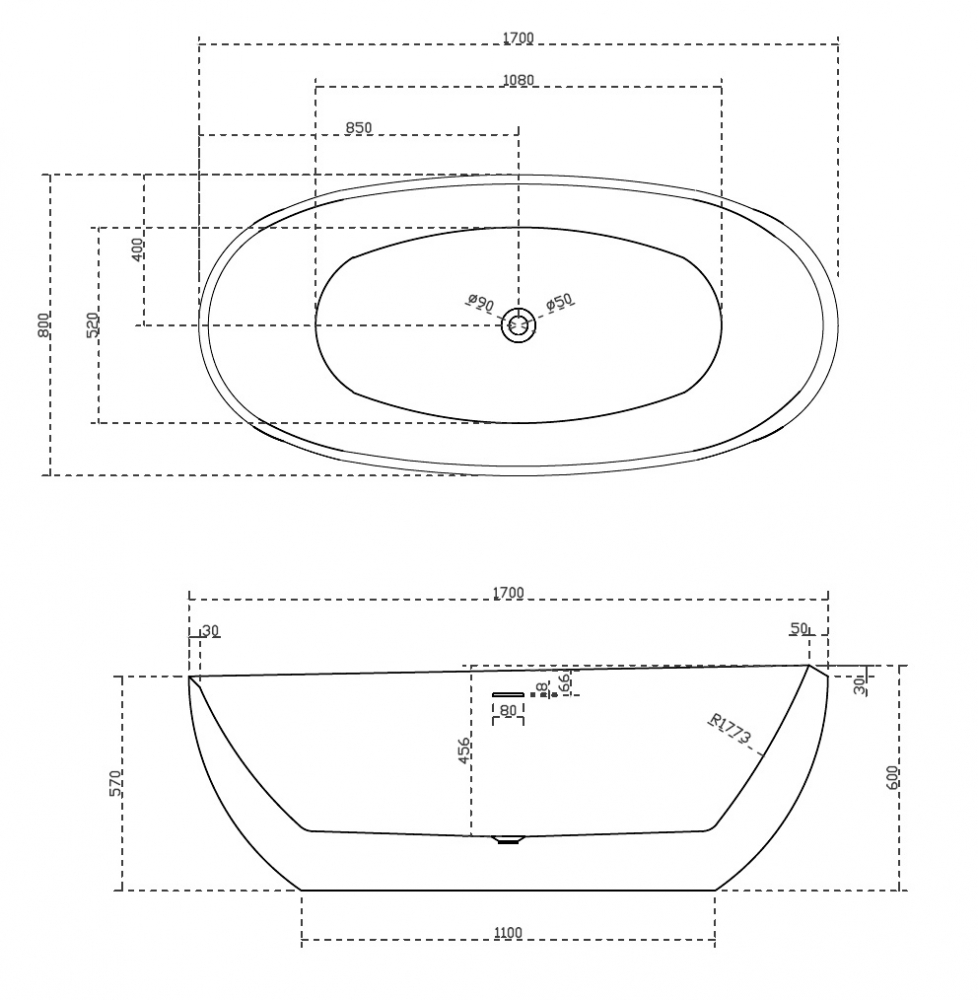 Ванна акриловая Abber 170 х 80 x 60 см, отдельностоящая, белая, AB9285 