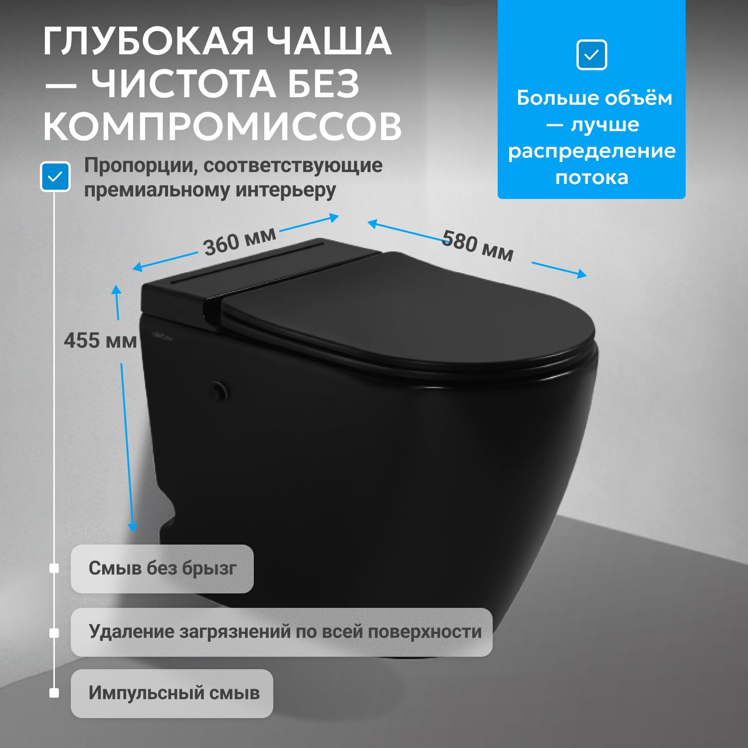 Приставной унитаз Abber Bequem AC1115PMB, безободковый, смыв импульсный, сиденье микролифт, черный матовый 