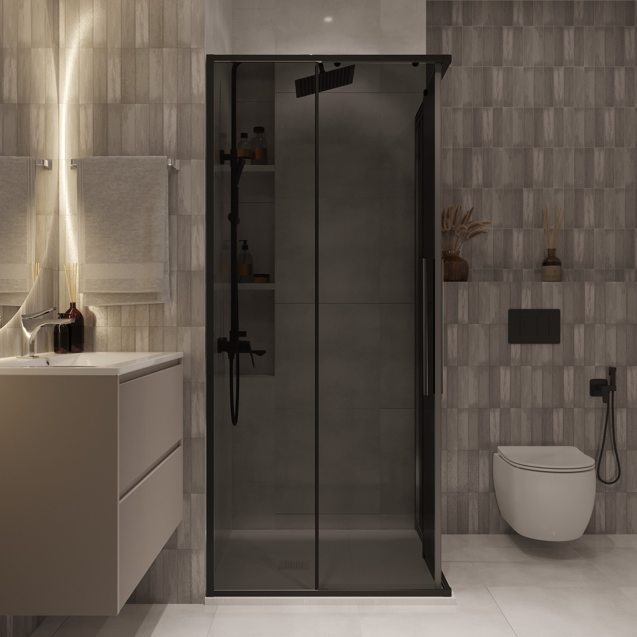 Душевое ограждение Niagara Nova NG-2823-34BLACK (90х90х195) квадрат,черный матовый,двери раздвижные,стекло тонированное,1 место 