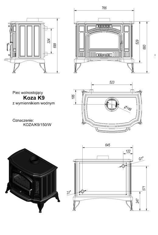 Чугунная печь Kratki Koza/K9/W (c вод.контуром) 