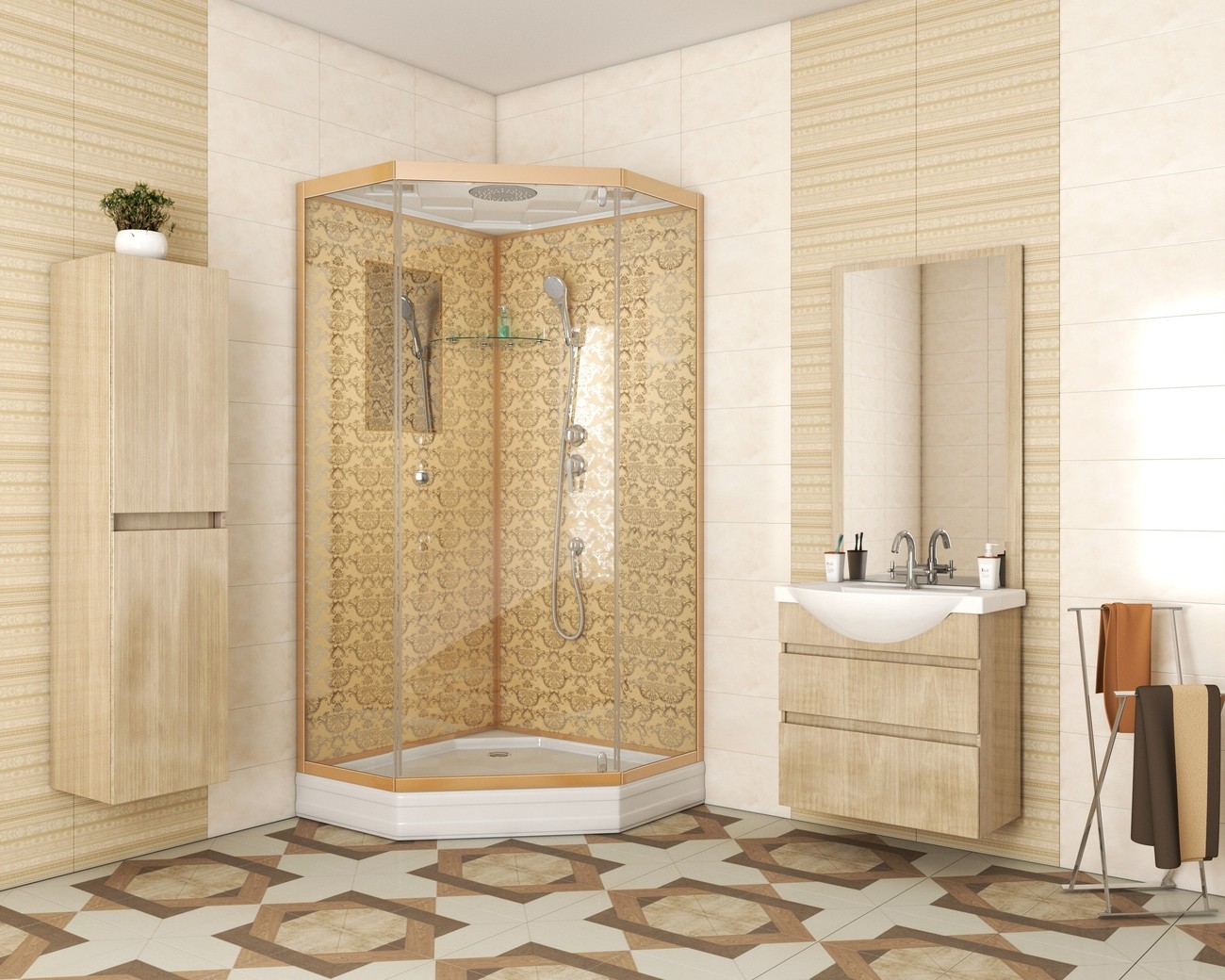 Душевая кабина Niagara Luxe NG-7702DG (100x100х210) низкий поддон(15см),дверь распашная,стенки золото,3 места 