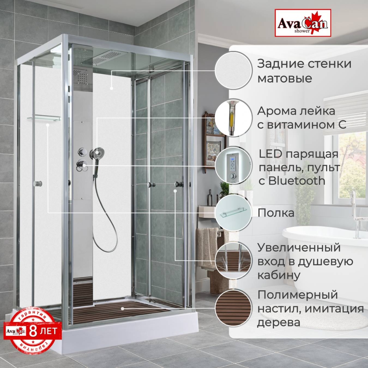 Душевая кабина AvaCan Z1912MT, 78285, 120 x 90 см, крыша и задние стенки белый матовый, поддон низкий, стекло прозрачное, профиль хром 