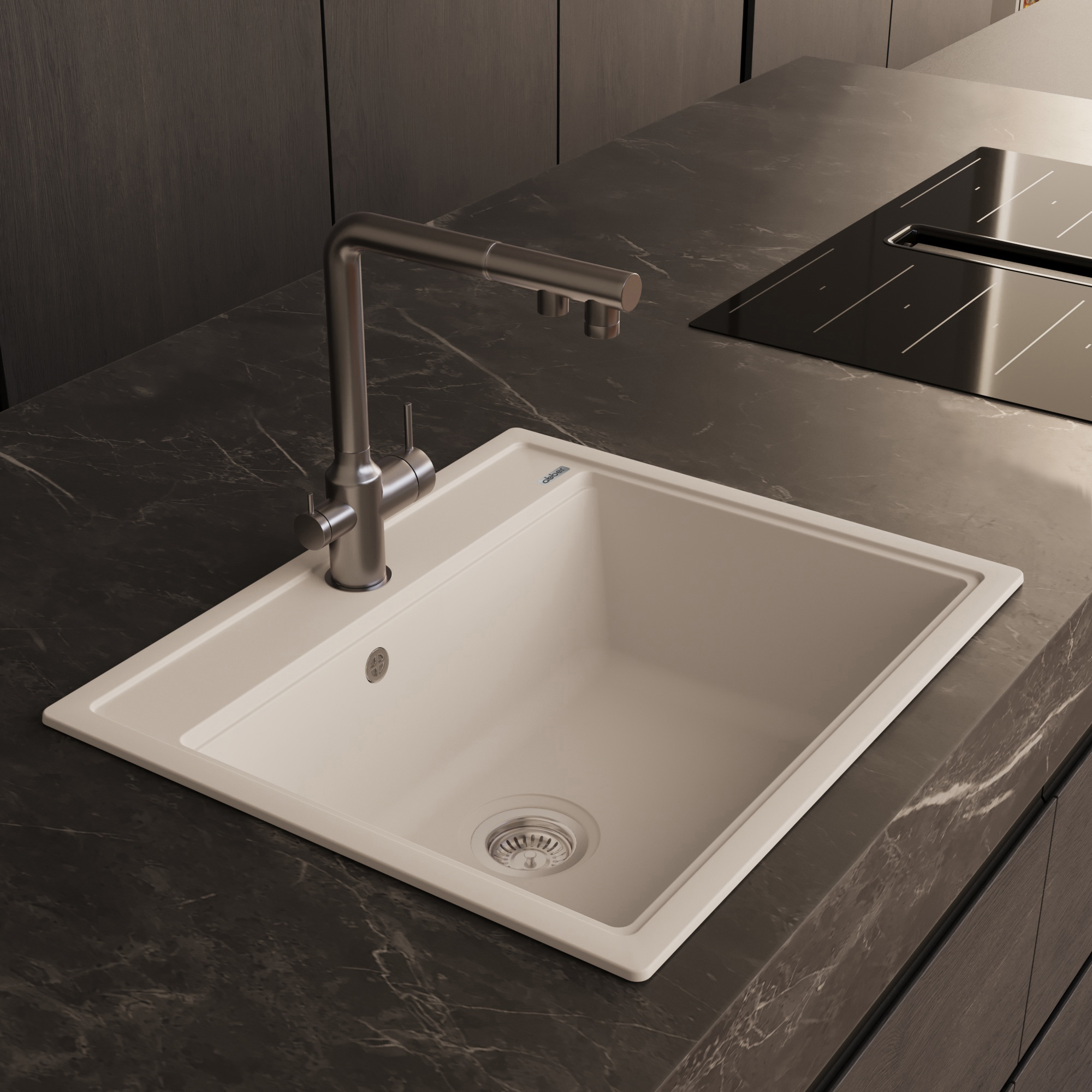 Кухонная мойка Abber Quarz AQ2902W, 60 см, кварцевый композит, белый матовый 