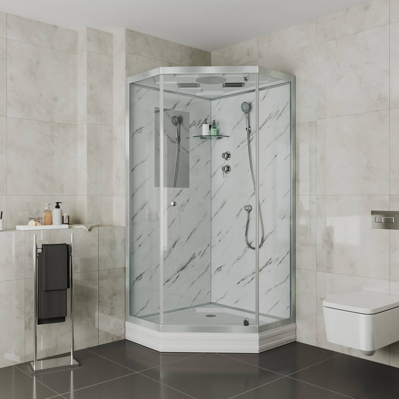 Душевая кабина Niagara Luxe NG-7701DM (90x90х210) низкий поддон(15см),дверь распашная,стенки мрамор,3 места 