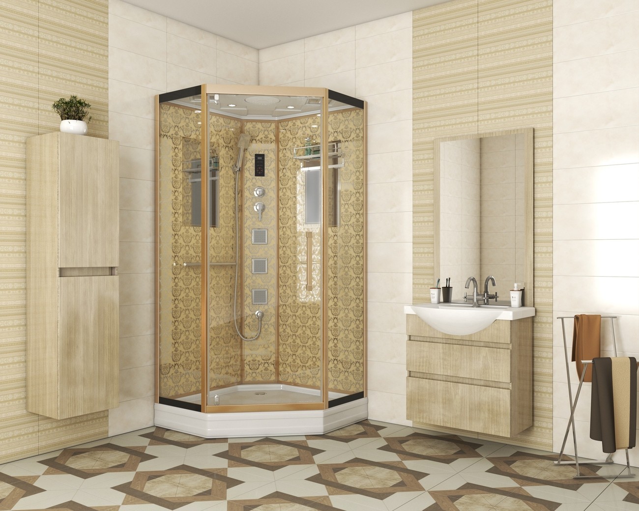 Душевая кабина Niagara Luxe NG-7717G (100x100х215) низкий поддон(15см),дверь распашная,стенки золото,4 места 