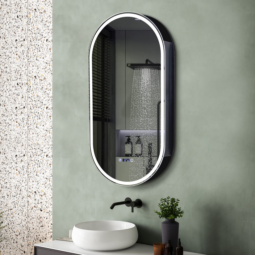Зеркальный шкаф Abber Kontur AG6339SWHB, 50 см, подсветка, сенсорный выключатель, часы, подогрев, цвет черный 