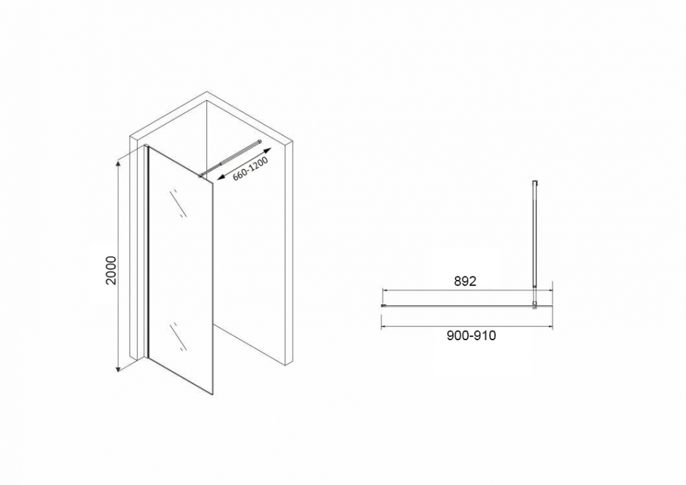 Душевая стенка Abber Immer Offen AG61091R8, со свободным входом, 90 см, стекло рифленое, профиль черный 
