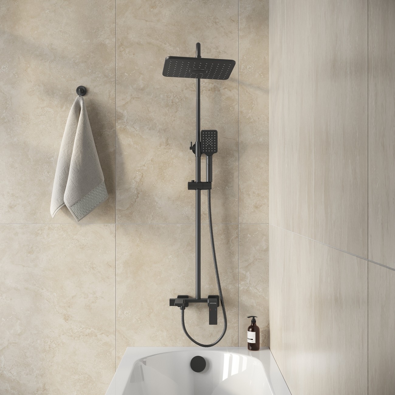 Душевая стойка Grossman Style 500.K35.05.210 с верхним душем,ручной лейкой и смесителем,черный матовый,1 место 