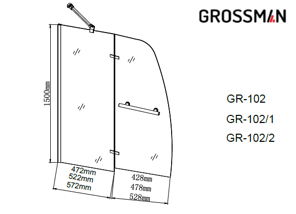 Шторка для ванны Grossman GR-102/2 (150х110) распашная,хром,стекло прозрачное,1 место 