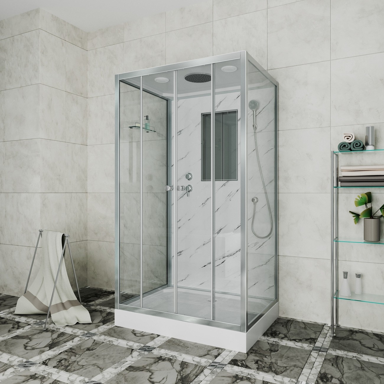 Душевая кабина Niagara Luxe NG-7772QM (120x90х210) низкий поддон(15см),дверь раздвижная,стенки мрамор,4 места 
