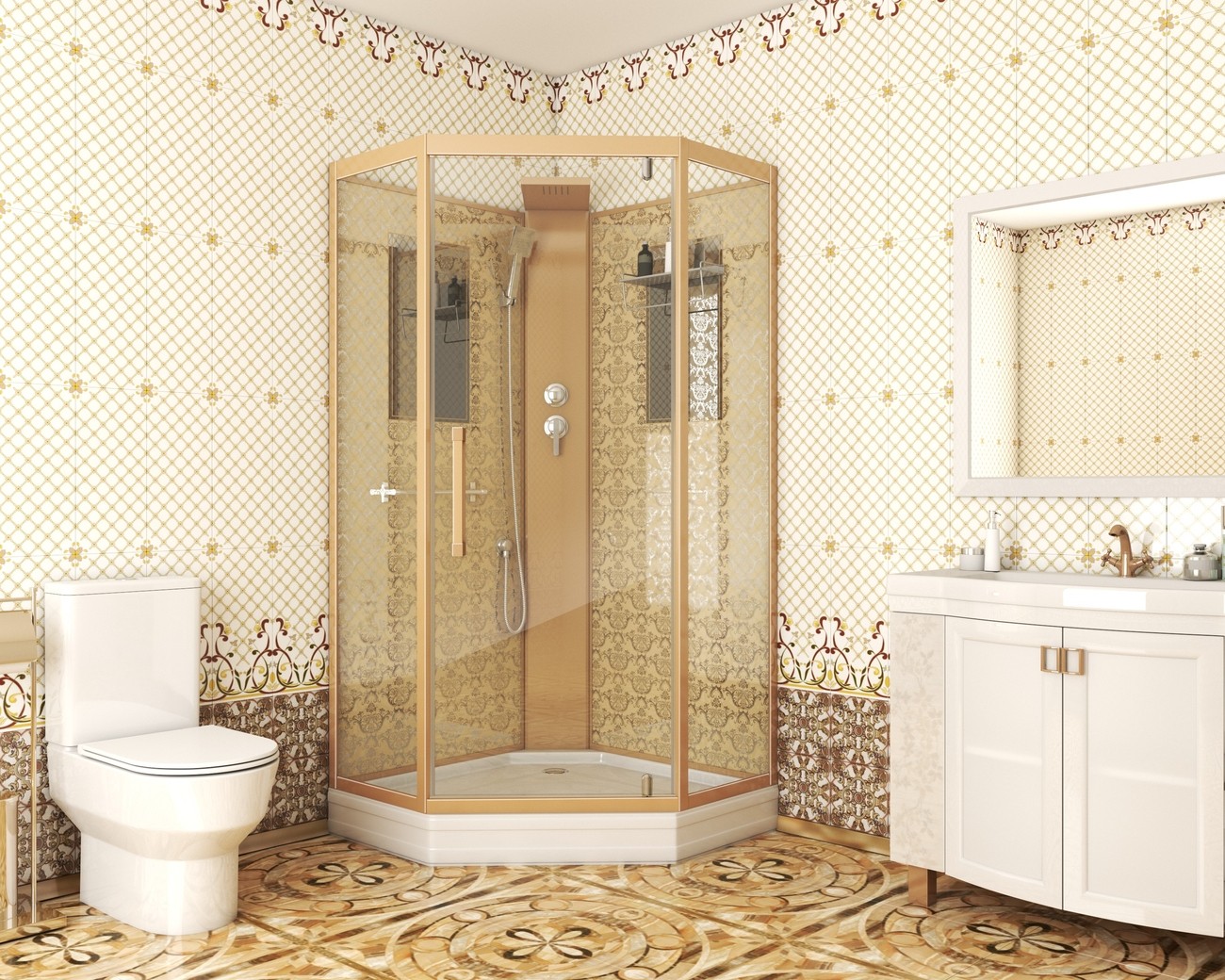 Душевая кабина Niagara Luxe NG-7799GBK (90x90х210) низкий поддон(15см),дверь распашная,стенки золото,без крыши,4 места 