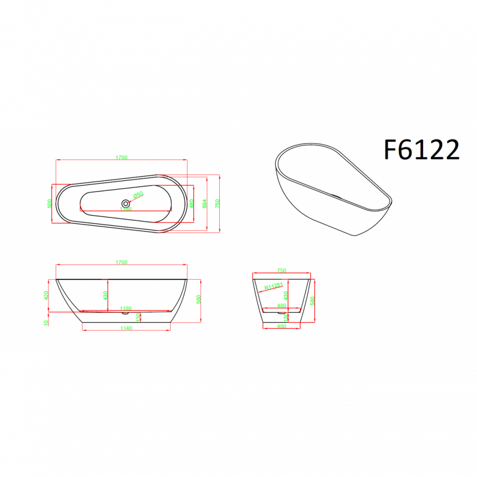 Ванна акриловая Frank F6122, 12524, 170 х 75 см, цвет белый 