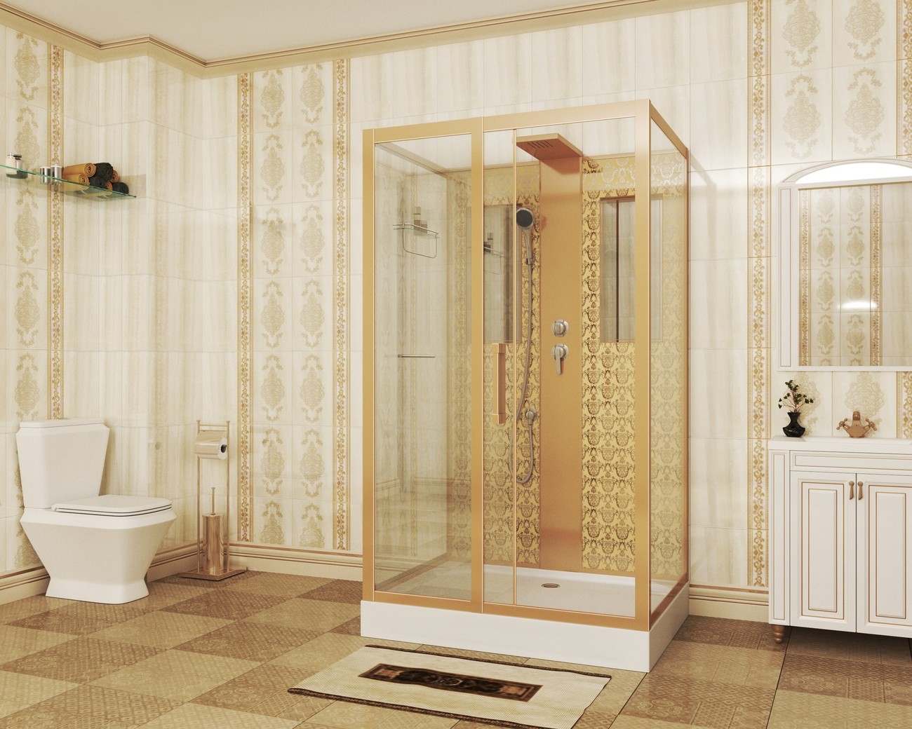 Душевая кабина Niagara Luxe NG-7711GBK (90x120х210) низкий поддон(15см),дверь раздвижная,стенки золото,без крыши,5 мест 