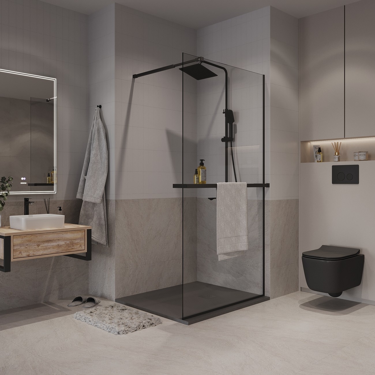 Душевая перегородка Niagara Nova NG-670-80ВLACK (80х195) черный матовый,стекло прозрачное,с полкой,1 место 