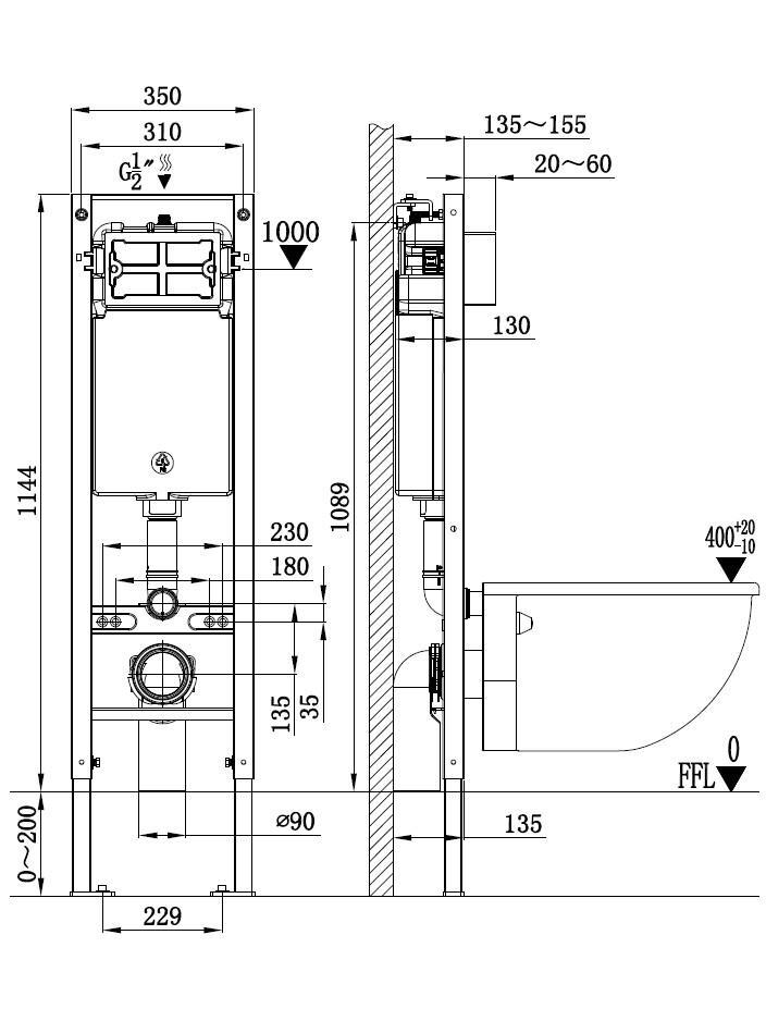 WeltWasser WW AMBERG 350 Инсталляция для унитаза без кнопки 