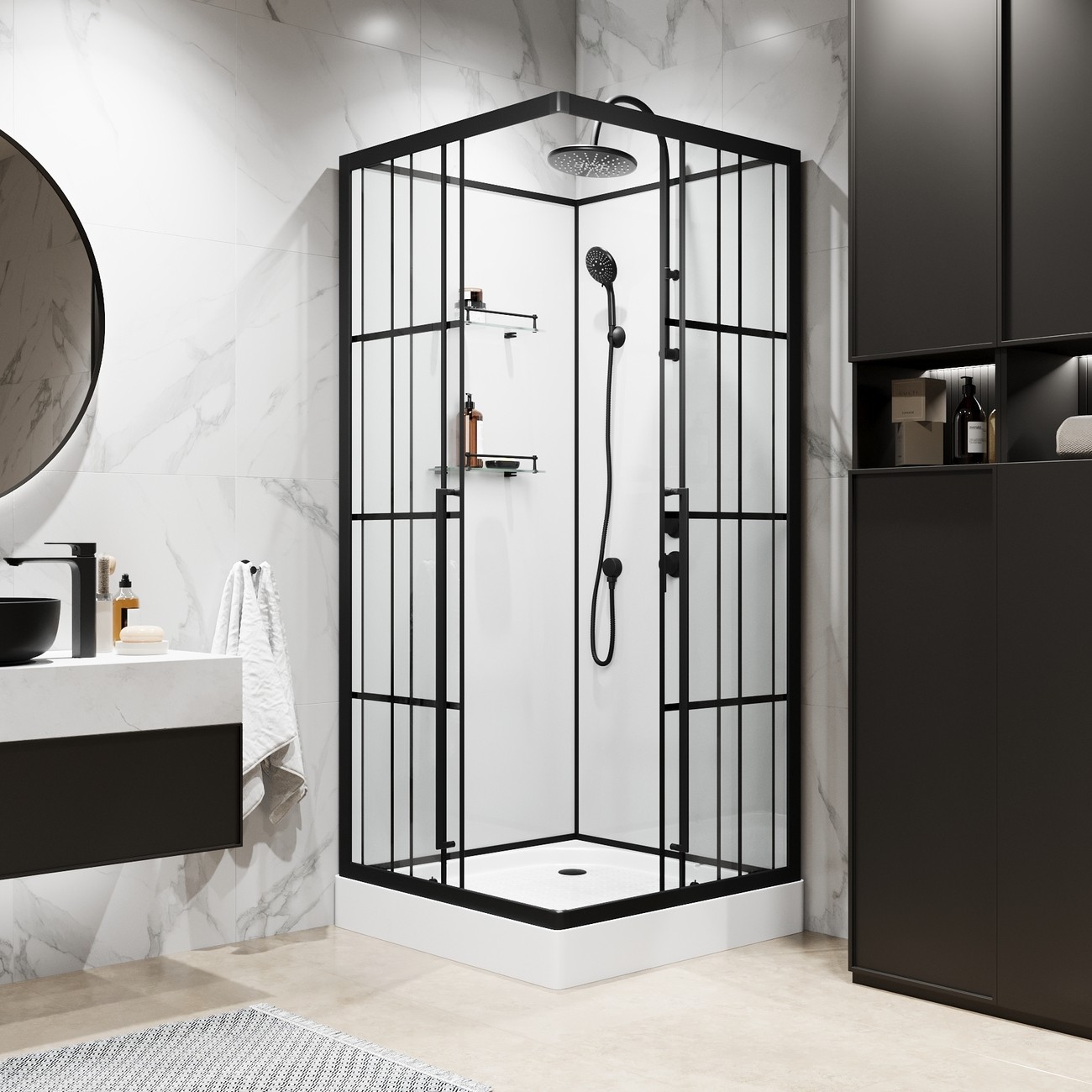 Душевая кабина Niagara Standart ST100/15QL/KL/BKT/ST100/15QR/KL/BKT, 100 x 100 см, стекло прозрачное с рисунком, профиль черный матовый, левая/правая 
