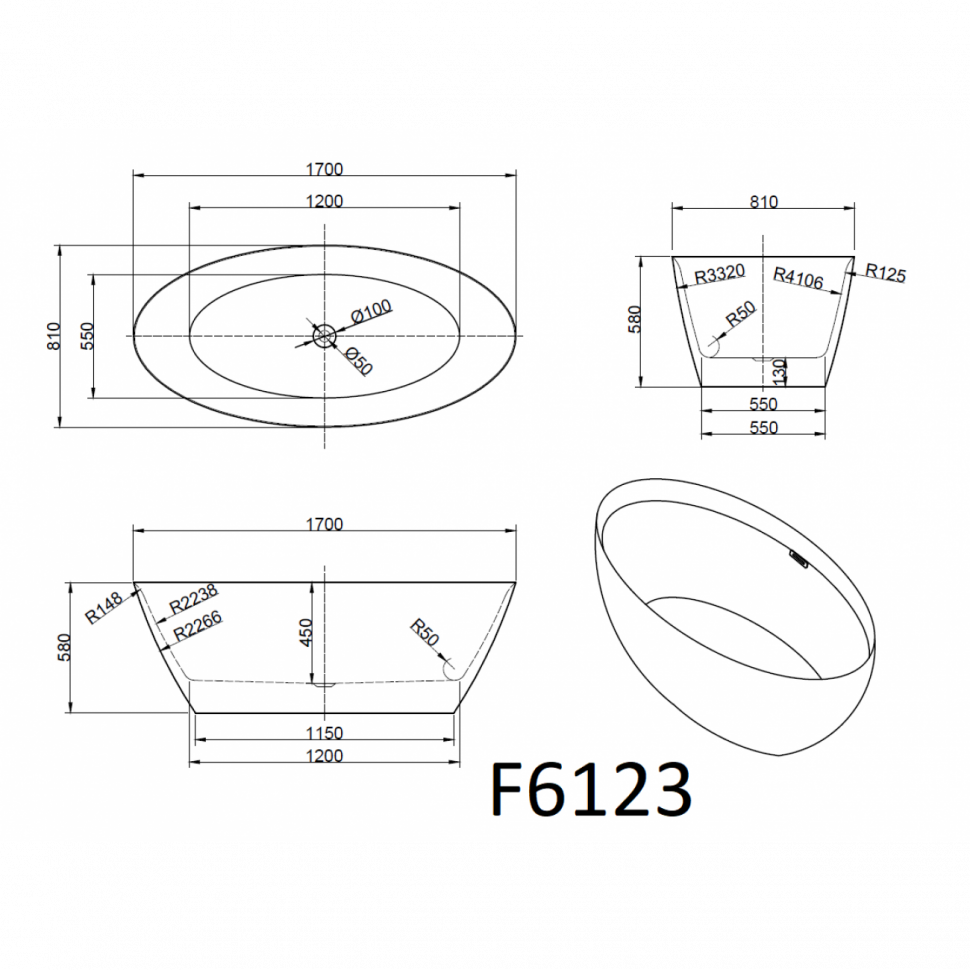 Ванна акриловая Frank F6123, 12525, 170 х 80 см, цвет белый 