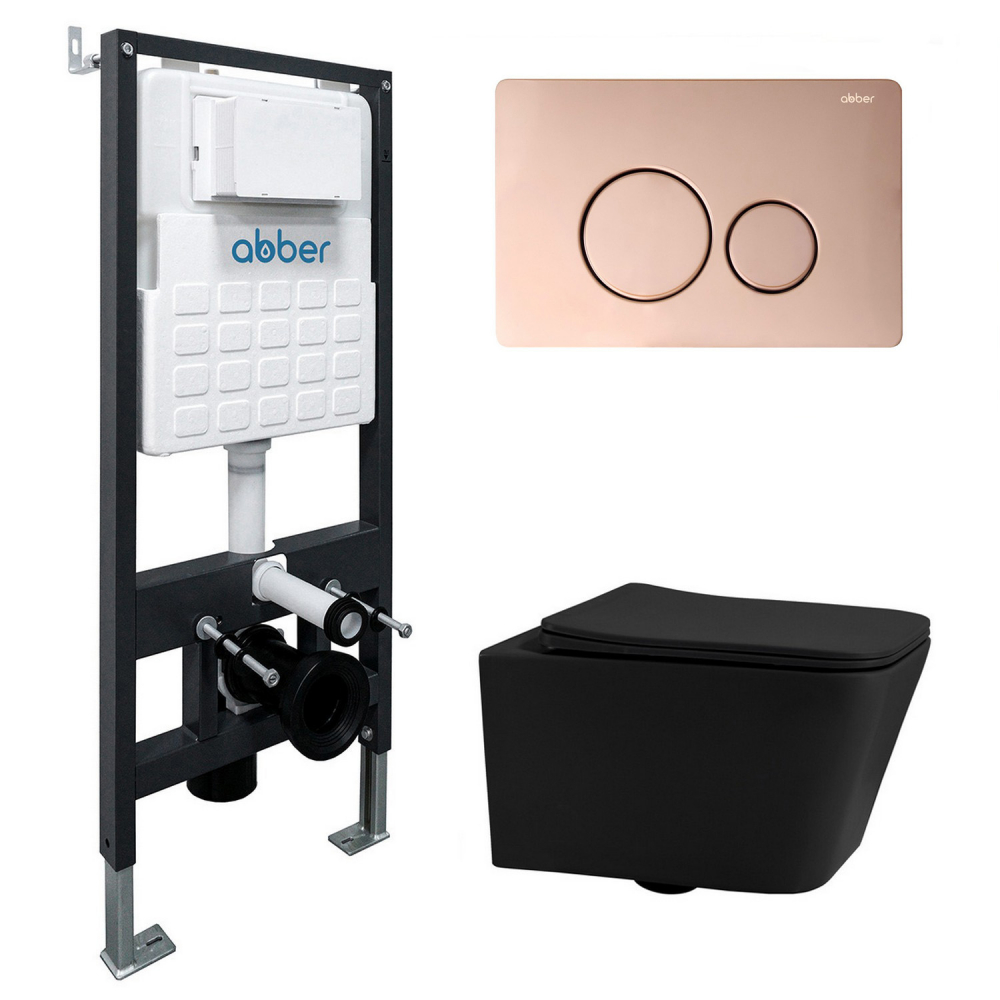 Инсталляция с унитазом Abber Rechteck AC1201MB-AC0105-AC0121RG, сиденье микролифт, клавиша смыва золото розовое, черный матовый, комплект 