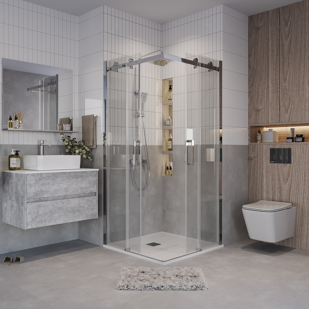 Душевое ограждение Grossman Classic 300.K33.04.9090.10.00 (90х90х195) квадрат,раздвижная,хром,стекло прозрачное, 2 места 