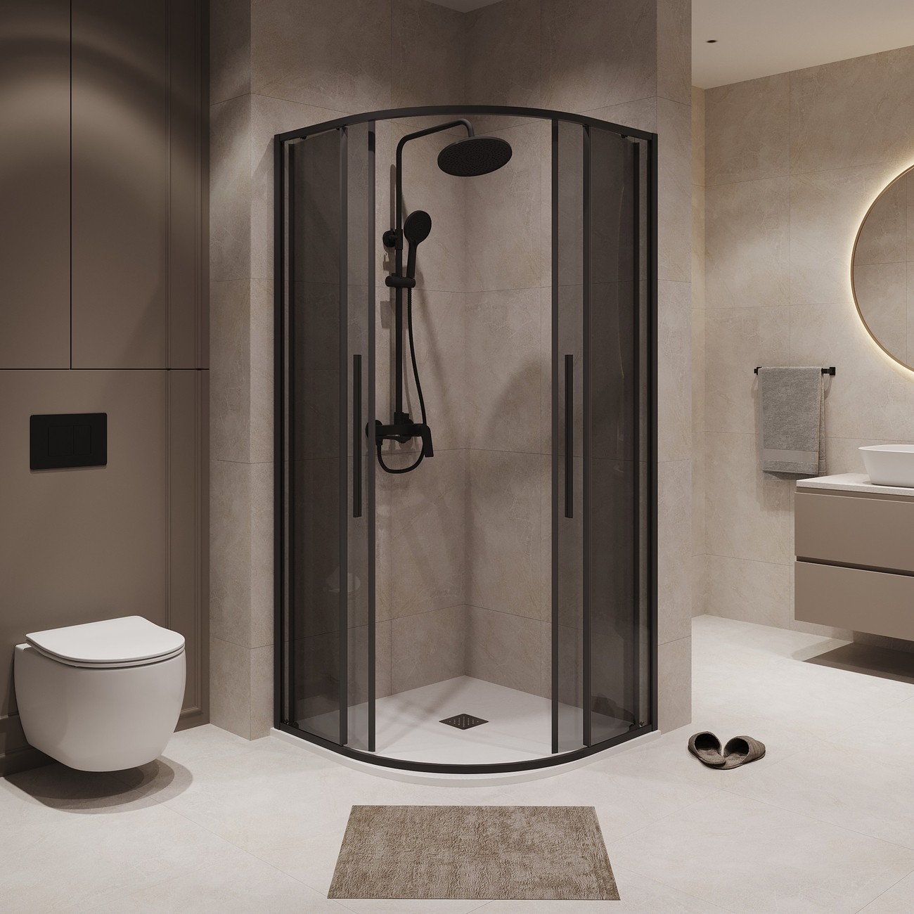 Душевое ограждение Niagara Nova NG-2825-34BLACK (80х80х195) четверть круга,черный матовый,двери раздвижные,стекло тонированное,1 место 