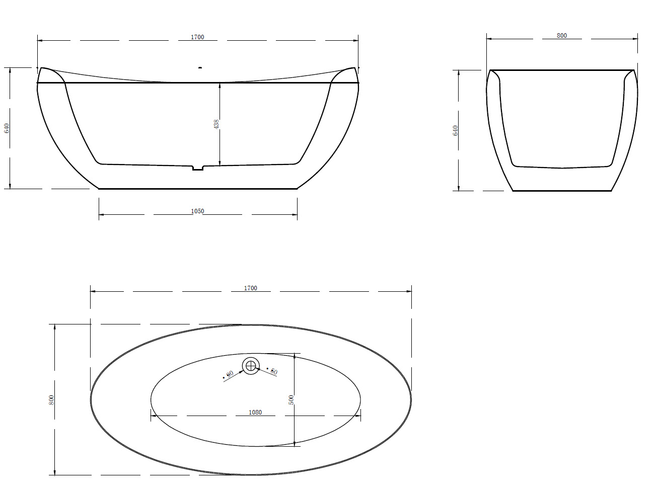 Ванна акриловая Abber AB9236, цвет - белый, 170 x 80 x 64 см 