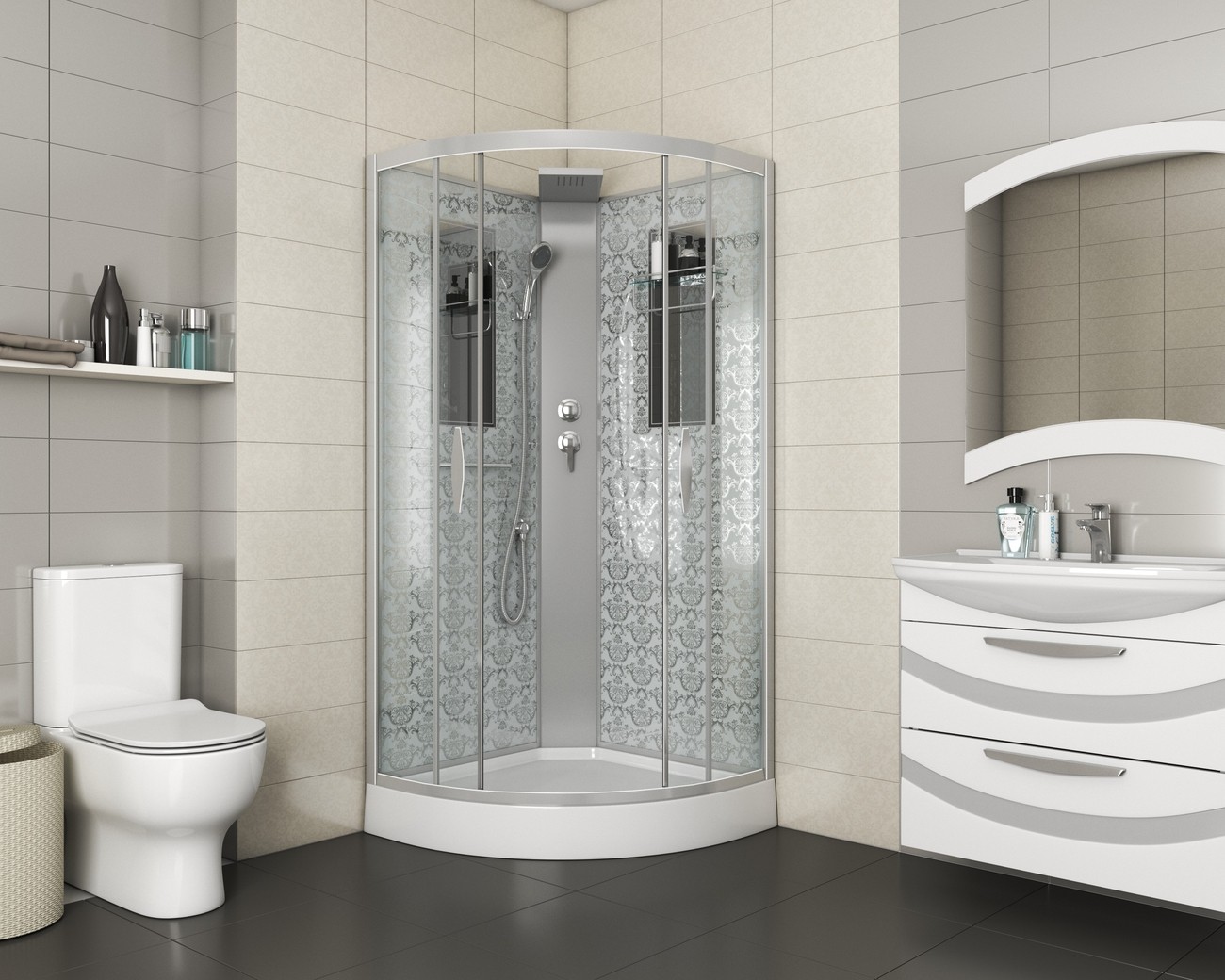 Душевая кабина Niagara Luxe NG-7715WBK (90x90х210) низкий поддон(15см),дверь раздвижная,стенки серебро,без крыши,4 места 