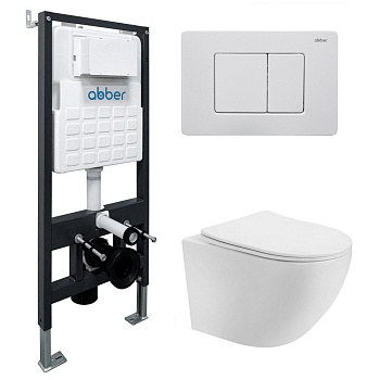 Инсталляция с унитазом Abber Bequem AC1100T-AC0105-AC0120MW, сиденье микролифт, смыв Торнадо, клавиша смыва белый матовый, белый, комплект 