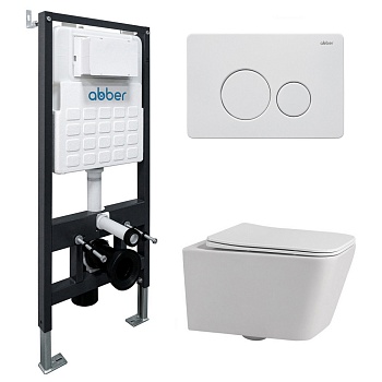 Инсталляция с унитазом Abber Rechteck AC1201-AC0105-AC0121MW, сиденье микролифт, клавиша смыва белый матовый, белый, комплект 