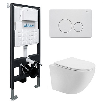 Инсталляция с унитазом Abber Bequem AC1100T-AC0105-AC0121MW, сиденье микролифт, смыв Торнадо, клавиша смыва белый матовый, белый, комплект 